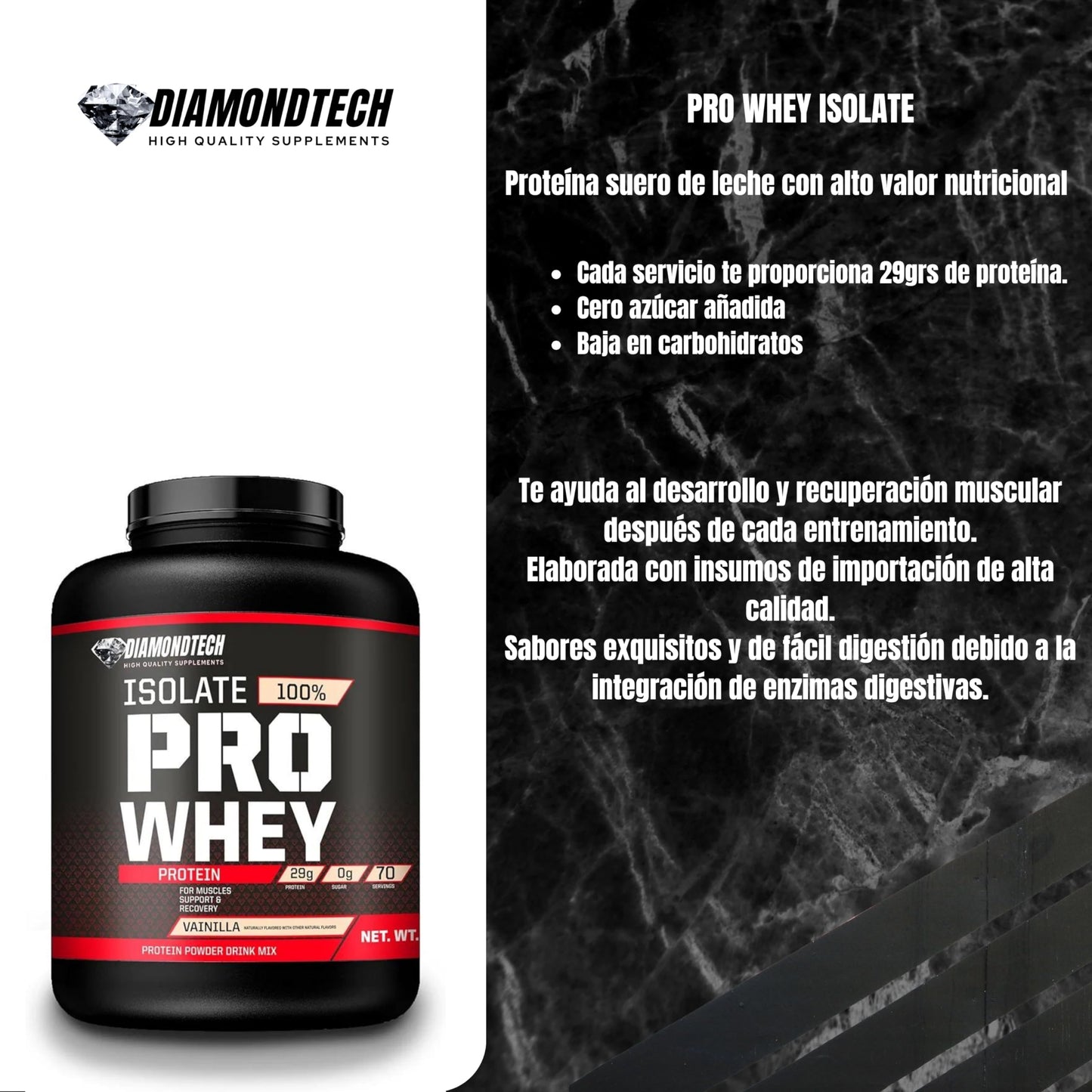 Diamondtech Proteína Pro Whey Isolate 5lbs (2.27kg) 70 servicios (VAINILLA)