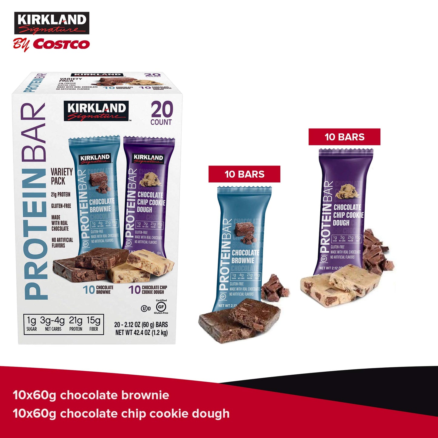 KIRKLAND SIGNATURE - Paquete variado de barritas proteicas energéticas, 20 unidades